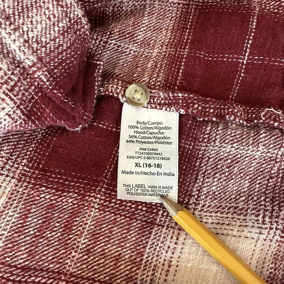 Time and Tru Burgundy & Pink Plaid Flannel Button Up Hoodie Shirt Women's XL - Picture 9 of 10